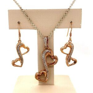 3 PC Sterling w/ Rose Gold Plate‎ & .18ctw Diamond Heart Necklace/Earrings 134